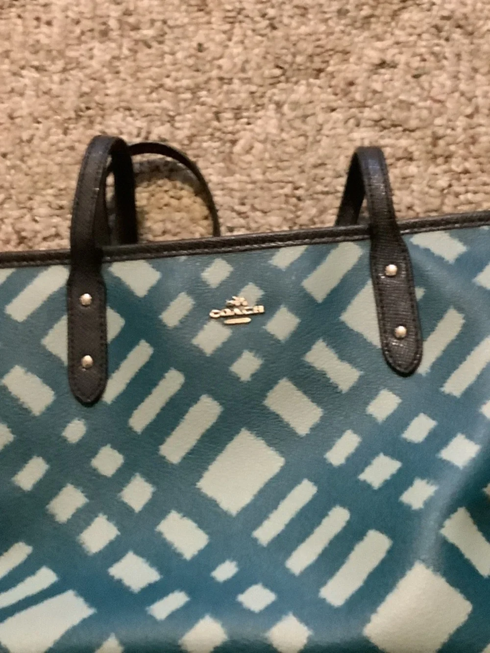 Coach Teal and Light Blue Patterned Tote with Black Straps,‎